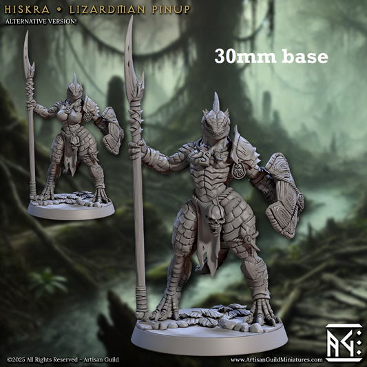 Image shows 3D renders of two sculpt options for a lizardfolk warrior gaming miniature.