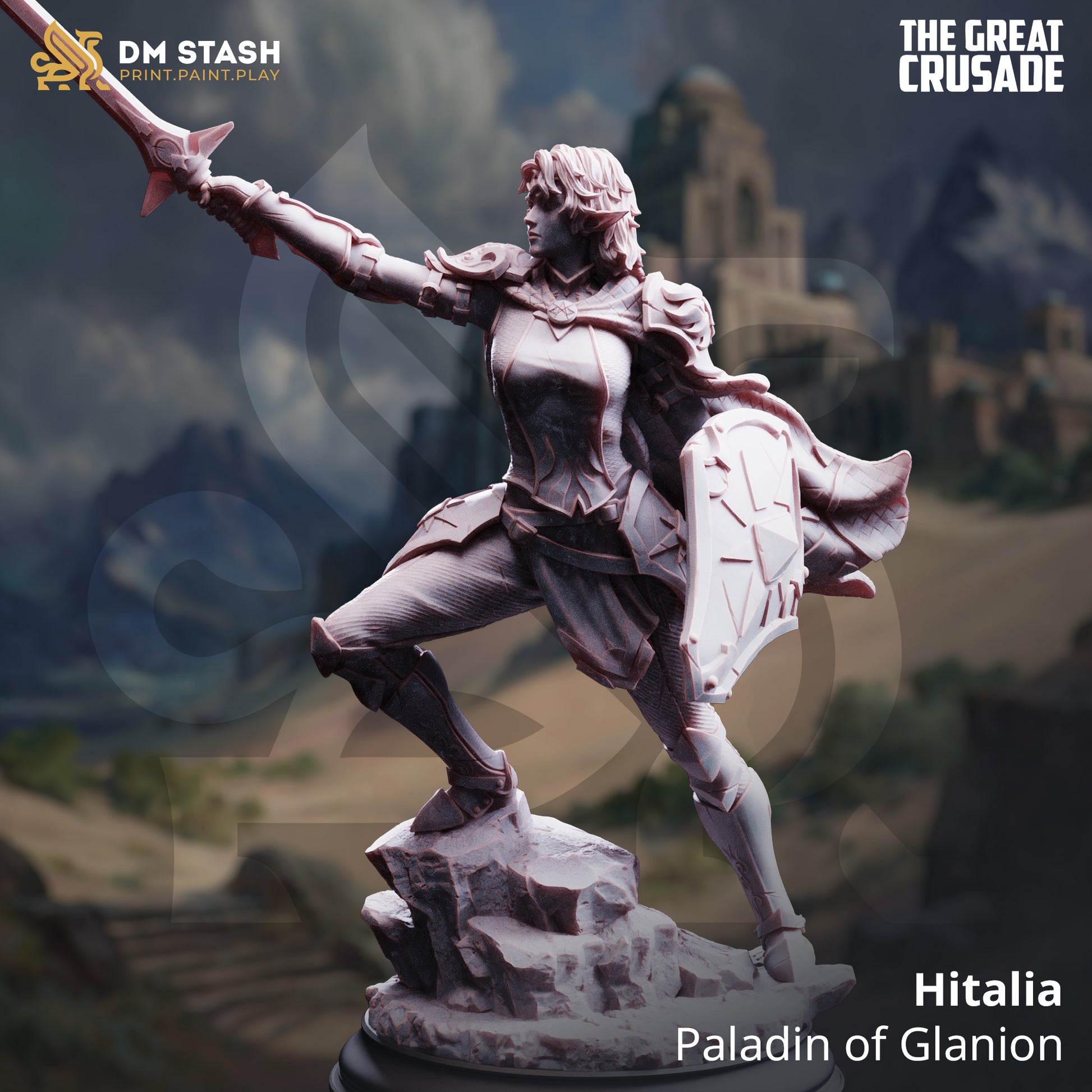 Image shows a 3D render of a elf paladin gaming miniature.