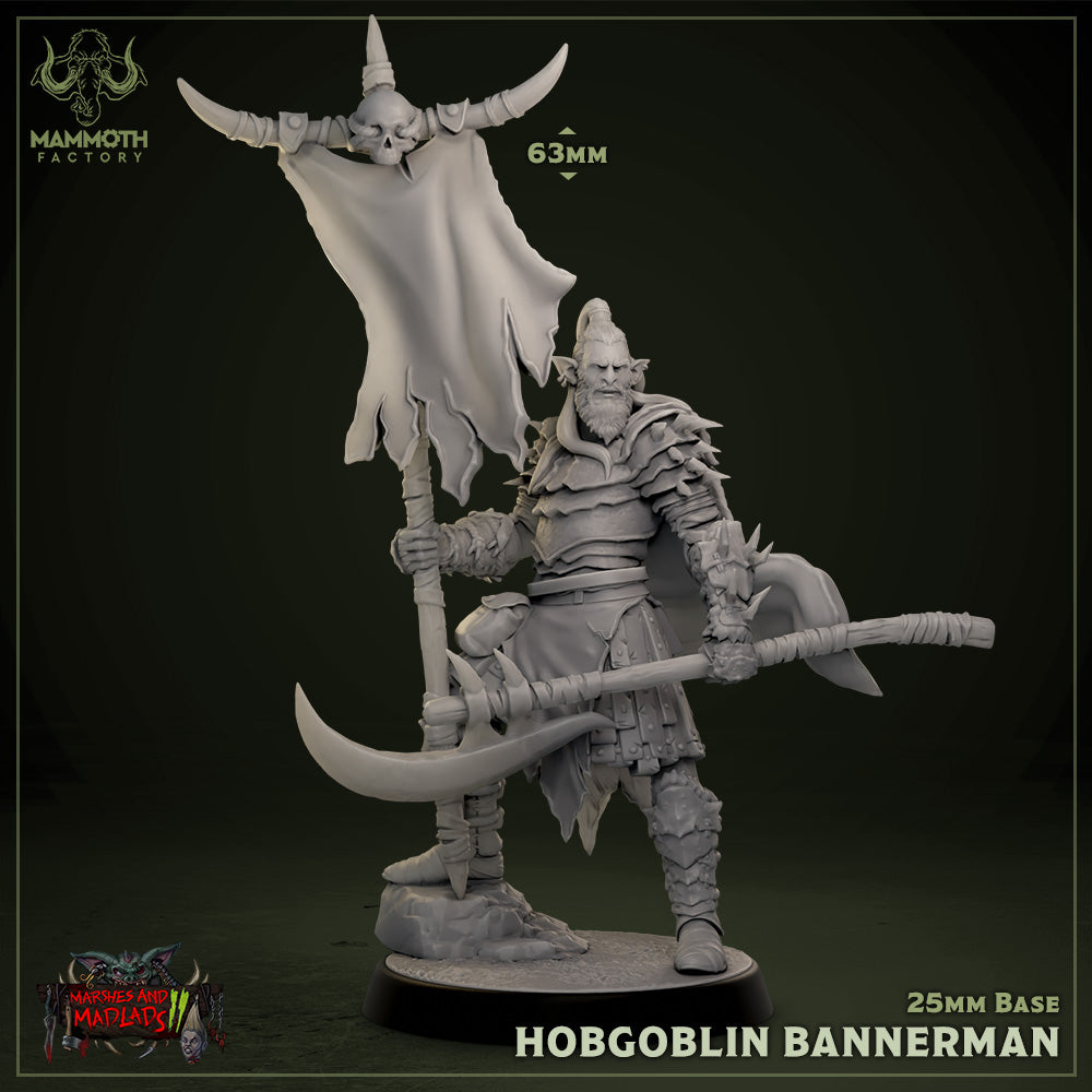 Image shows a 3D render of a hobgoblin bannerman gaming miniature