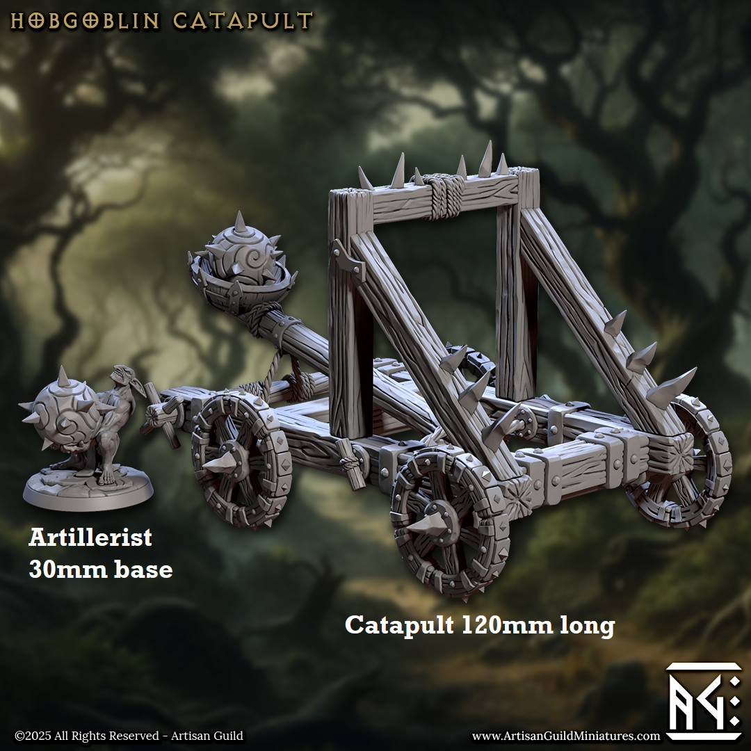 Image shows a 3D render of a set of  gaming miniature terrain featuring a catapult and goblin artillerist holding a spiked metal ball