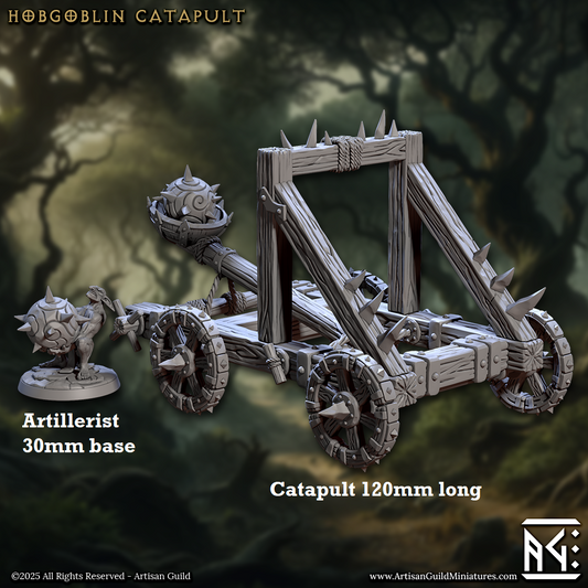 Image shows a 3D render of a set of  gaming miniature terrain featuring a catapult and goblin artillerist holding a spiked metal ball