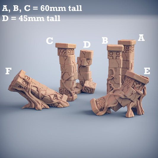 Image shows 3D renders for six different sculpt options for temple ruins gaming miniature terrain