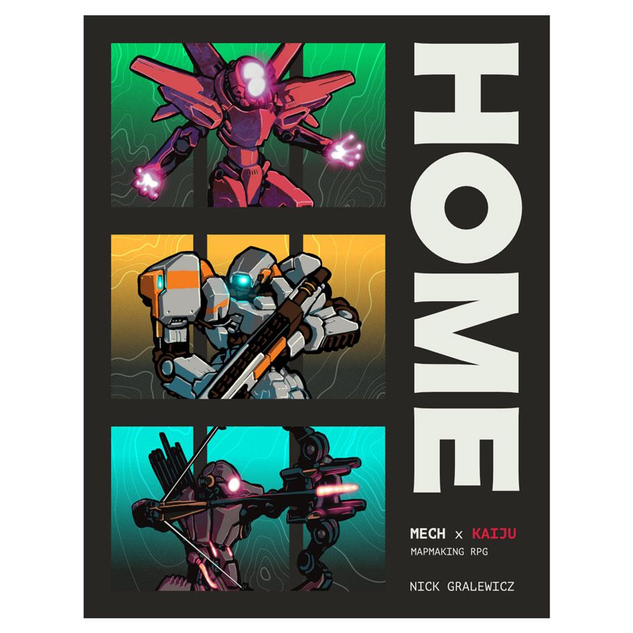 Image shows the front cover of the HOME: Mech x Kaiju roleplaying game book