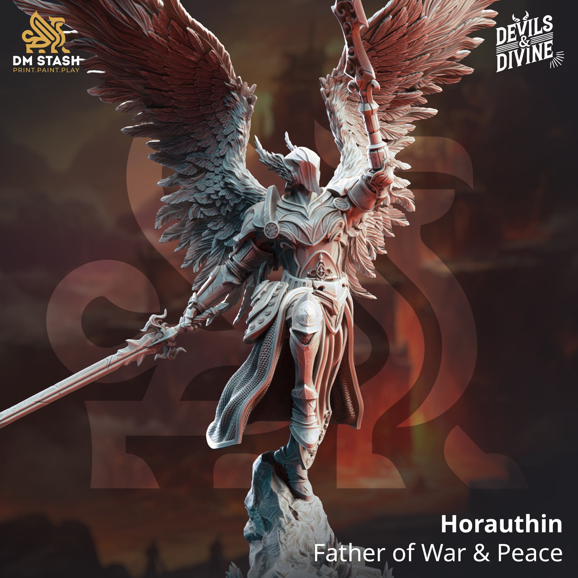 Image shows a 3D render of a winged angel warrior gaming miniature