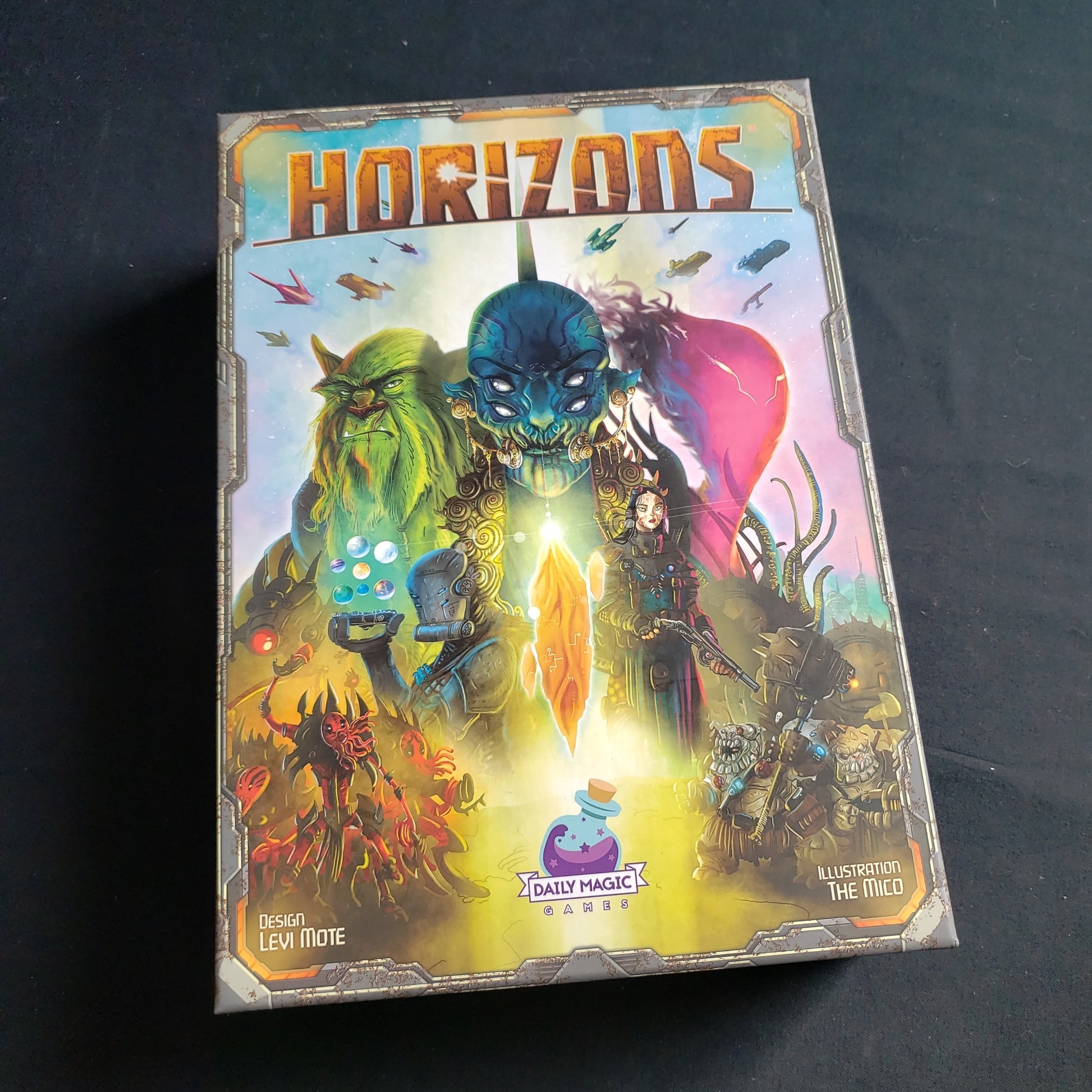 Image shows the front cover of the box of the Horizons board game