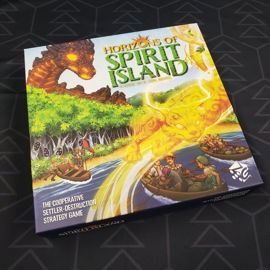 Image shows the front cover of the box of the Horizons of Spirit Island board game