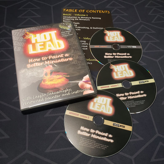 Image shows the case, insert & three discs for the video series Hot Lead: How to Paint a Better Miniature with Laszlo Jakusovszky on DVD