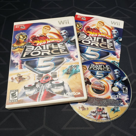 Image shows the case, manual and disc for the video game Hot Wheels: Battle Force 5 for Nintendo Wii