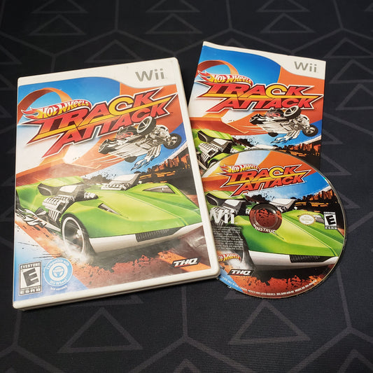 Image shows the case, manual and disc for the video game Hot Wheels Track Attack for Nintendo Wii
