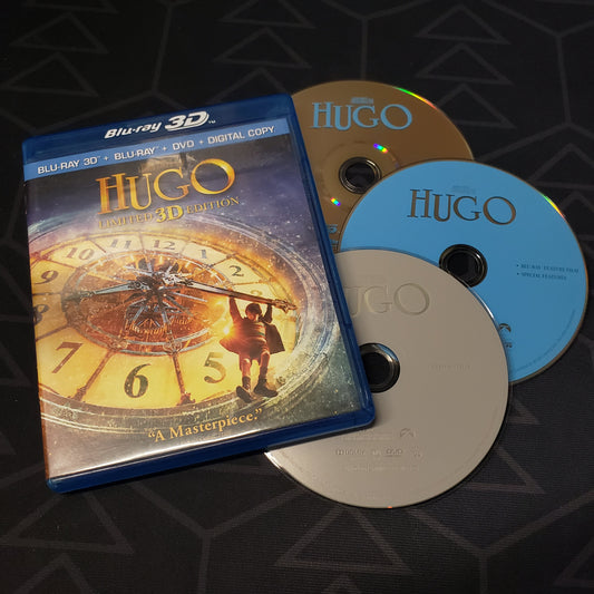 Image shows the case & three discs for the movie set of Hugo 3D on Blu-Ray