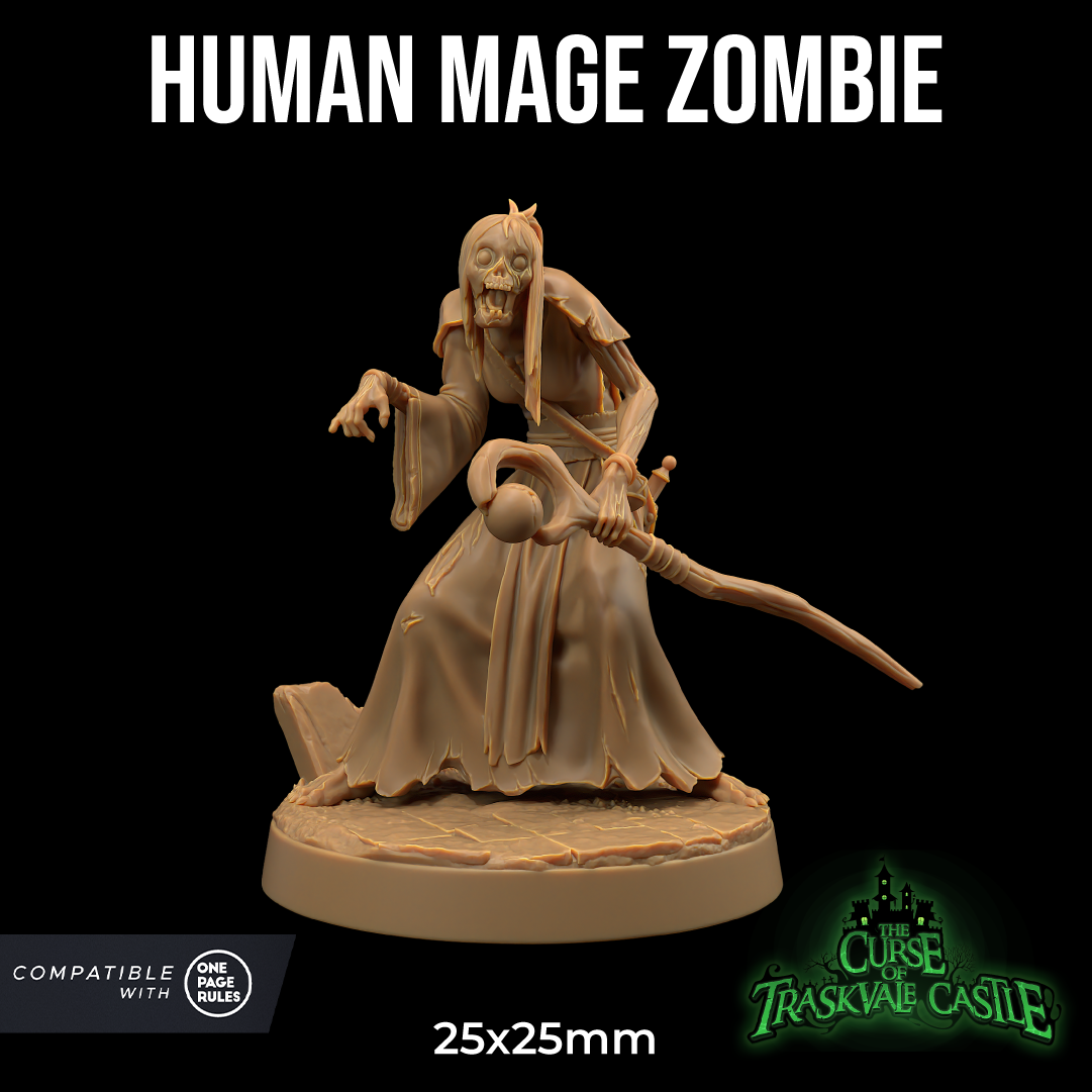 Image shows a 3D render of a zombie mage gaming miniature