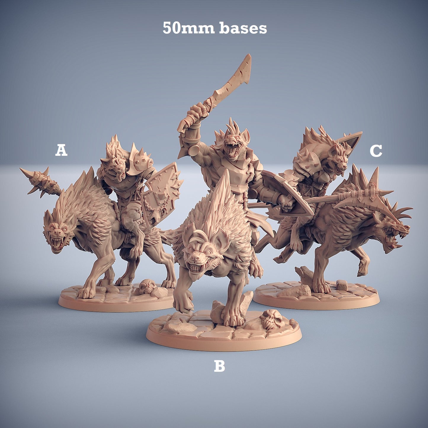 Image shows 3D renders for three different sculpt options of a gaming miniature of a gnoll warrior riding a hyena