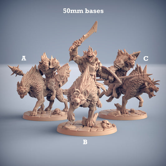 Image shows 3D renders for three different sculpt options of a gaming miniature of a gnoll warrior riding a hyena