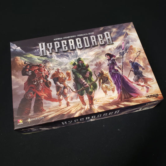 Image shows the front cover of the box of the Hyperborea board game