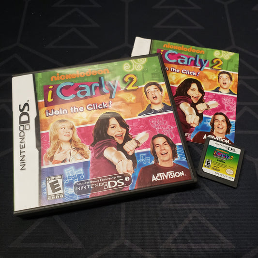 Image shows the case, manual and cartridge for the video game iCarly 2: iJoin the Click! for Nintendo DS