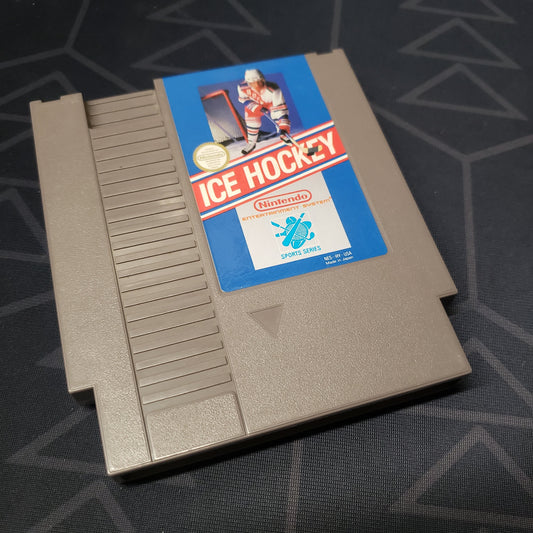 Image shows the front of the cartridge for the video game Ice Hockey for the Nintendo Entertainment System