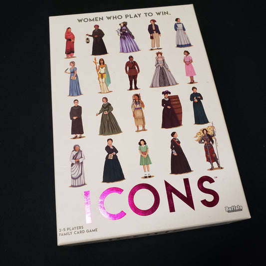 Image shows the front cover of the box of the Icons: Women Who Play to Win board game