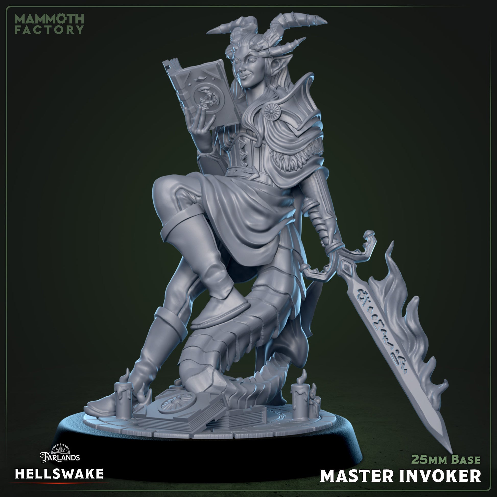 Image shows a 3D render of a tiefling battlemage gaming miniature.