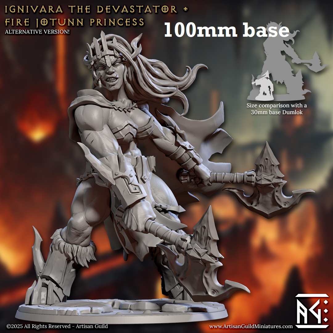Image shows a 3D render of a fire giant gaming miniature.