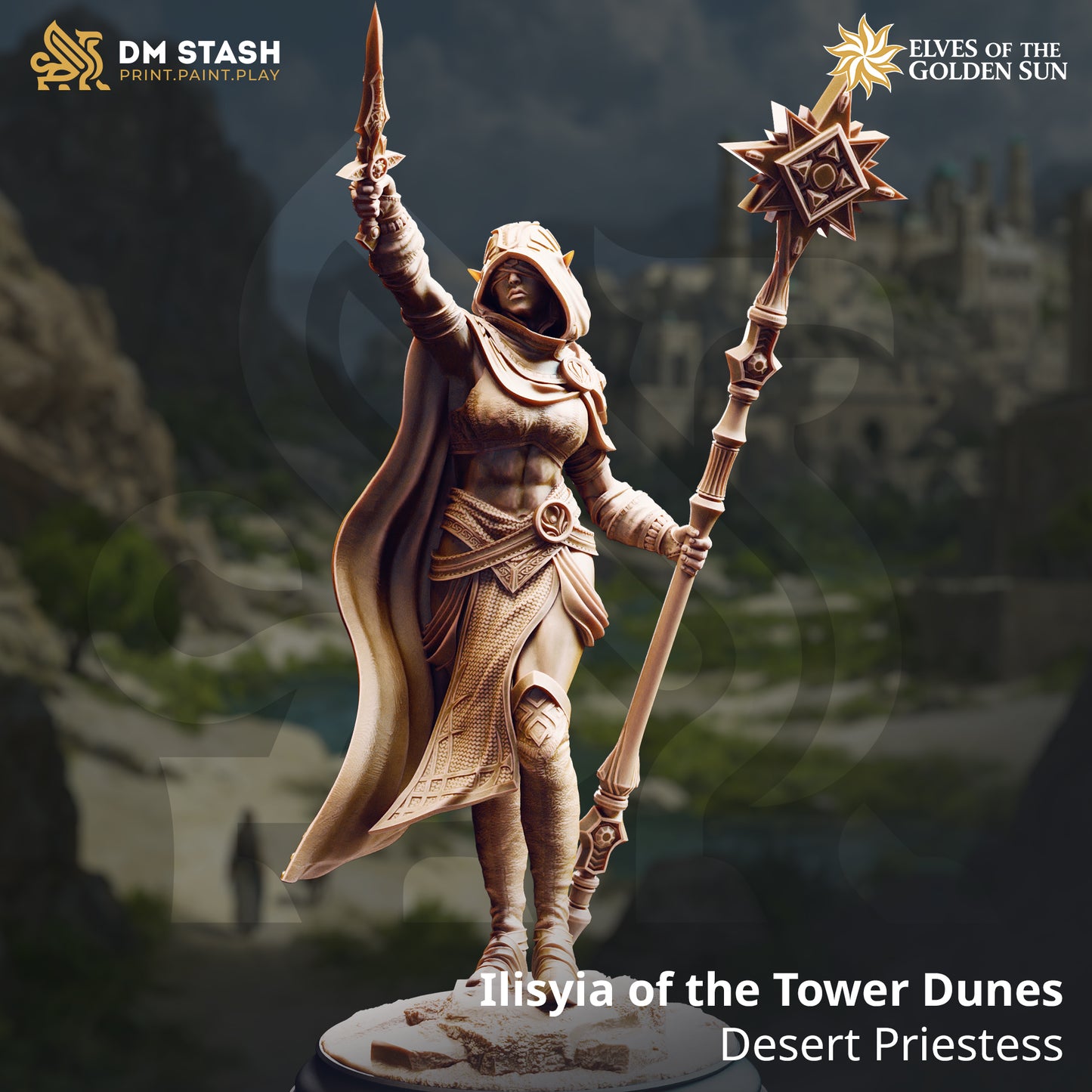 Image shows a 3D render of a elf cleric gaming miniature.