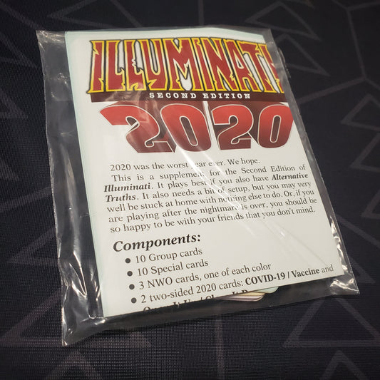 Image shows the front of the packaging of the 2020 expansion for the card game Illuminati (Second Edition)