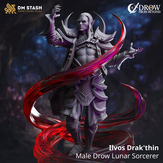 Image shows a 3D render of a drow sorcerer gaming miniature.