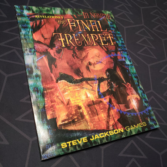 Image shows the front cover of the Revelations V: The Final Trumpet book for the roleplaying game In Nomine