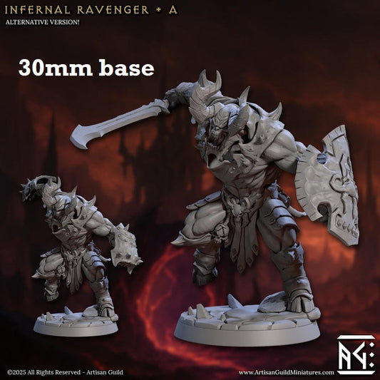 Image shows 3D renders of two sculpt options for a demon warrior gaming miniature.