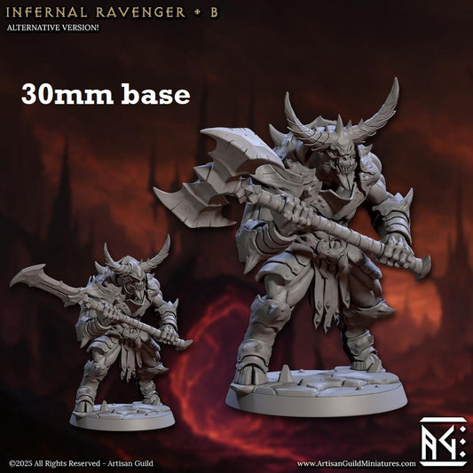 Image shows 3D renders of two sculpt options for a demon warrior gaming miniature.
