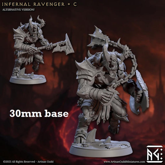Image shows 3D renders of two sculpt options for a demon warrior gaming miniature.