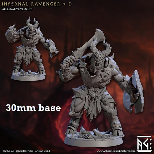 Image shows 3D renders of two sculpt options for a demon warrior gaming miniature.