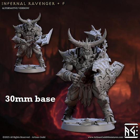 Image shows 3D renders of two sculpt options for a demon warrior gaming miniature.
