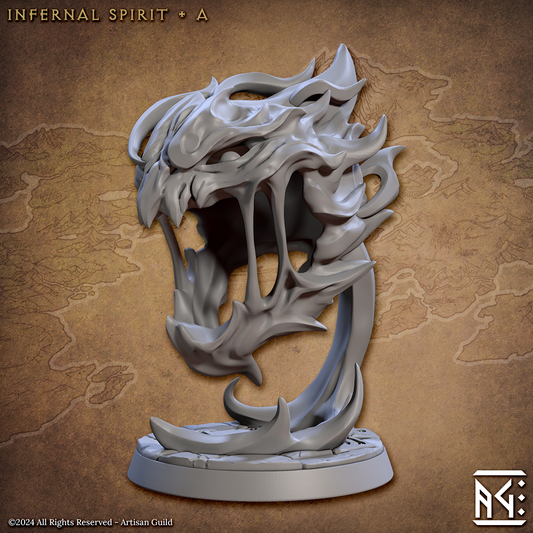 Image shows an 3D render of a fire elemental gaming miniature with its mouth open