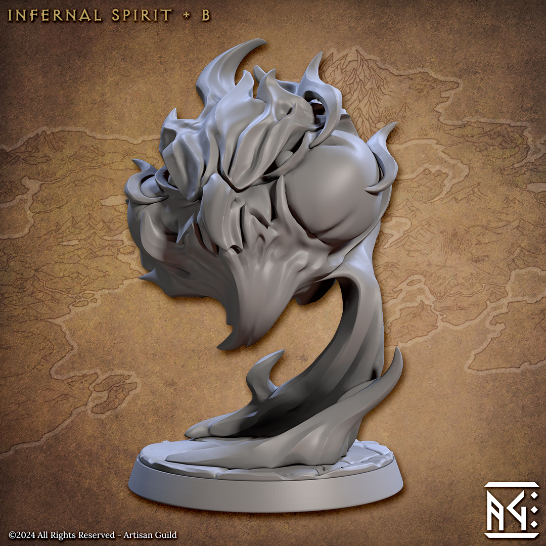 Image shows an 3D render of a fire elemental gaming miniature with its mouth closed & puffed cheeks