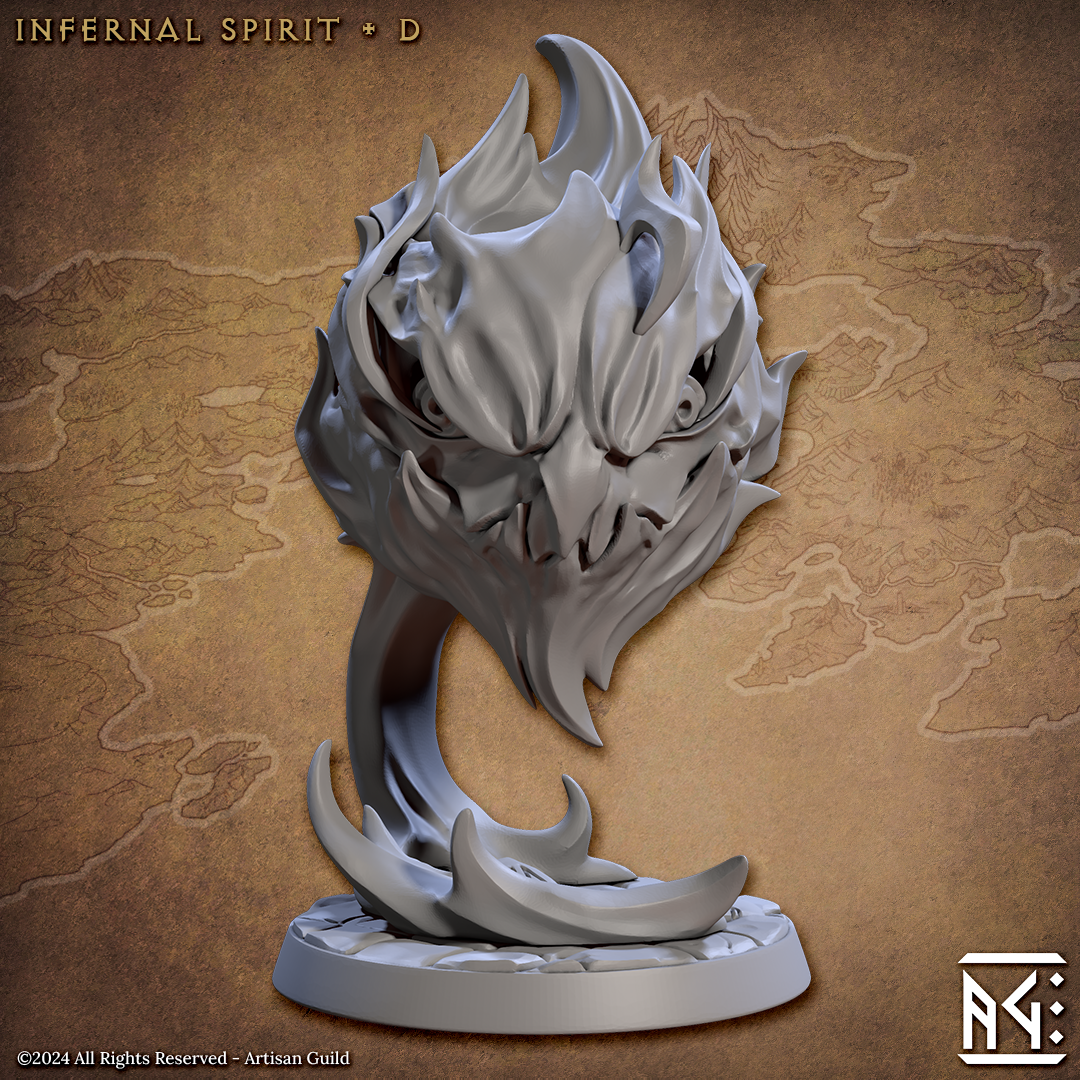 Image shows an 3D render of a fire elemental gaming miniature with its mouth closed