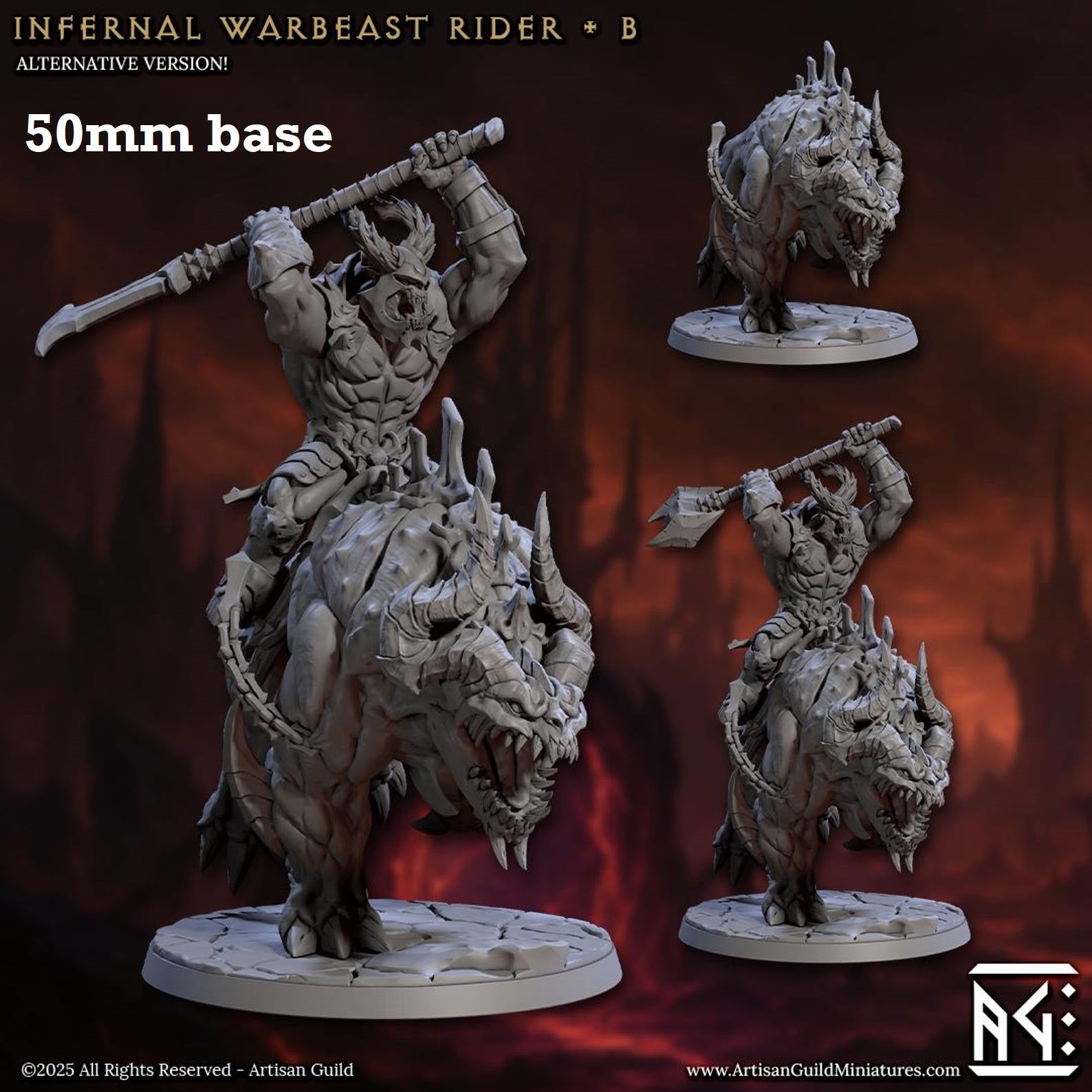 Image shows 3D renders of two sculpt options for a demon warbeast cavalry unit gaming miniature.
