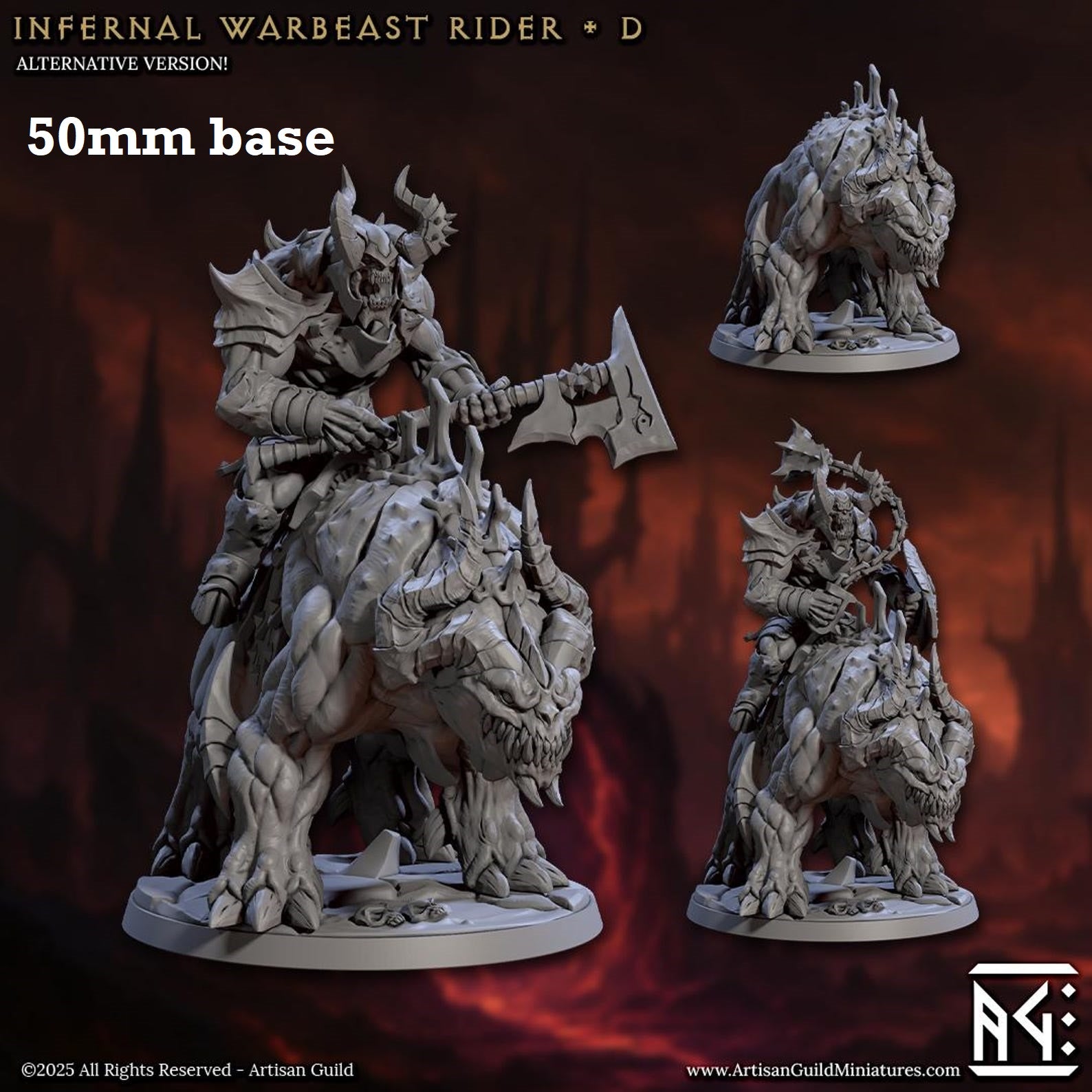Image shows 3D renders of two sculpt options for a demon warbeast cavalry unit gaming miniature.