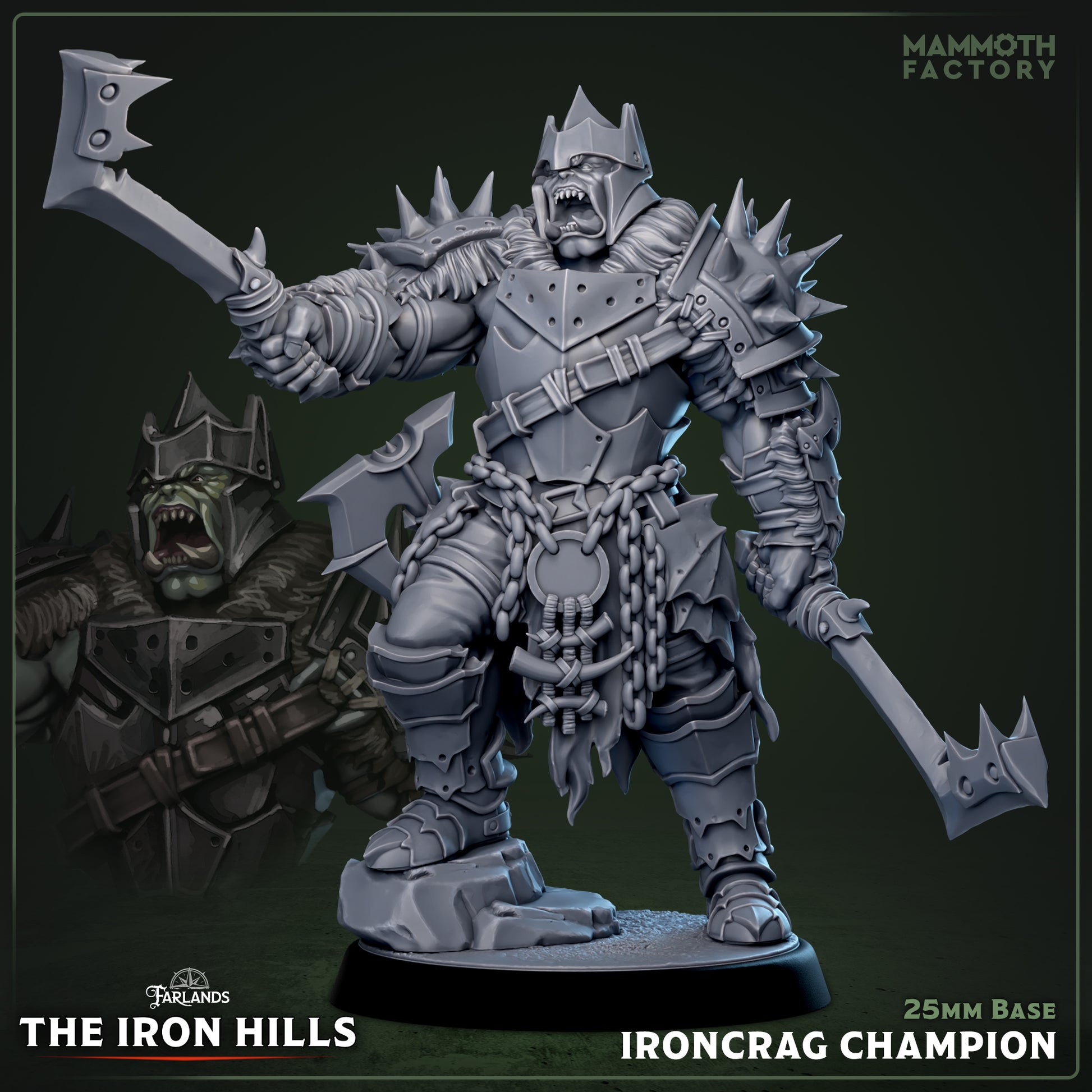 Image shows a 3D render of a orc barbarian gaming miniature.