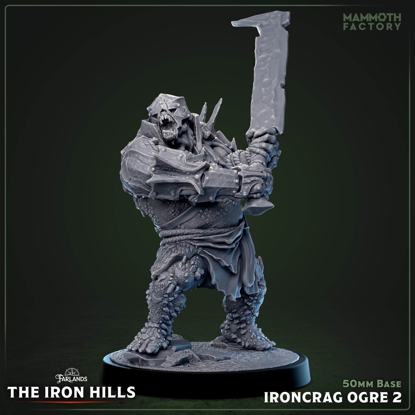 Image shows a 3D render of a armored ogre gaming miniature.