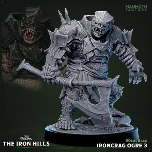 Image shows a 3D render of a armored ogre gaming miniature.