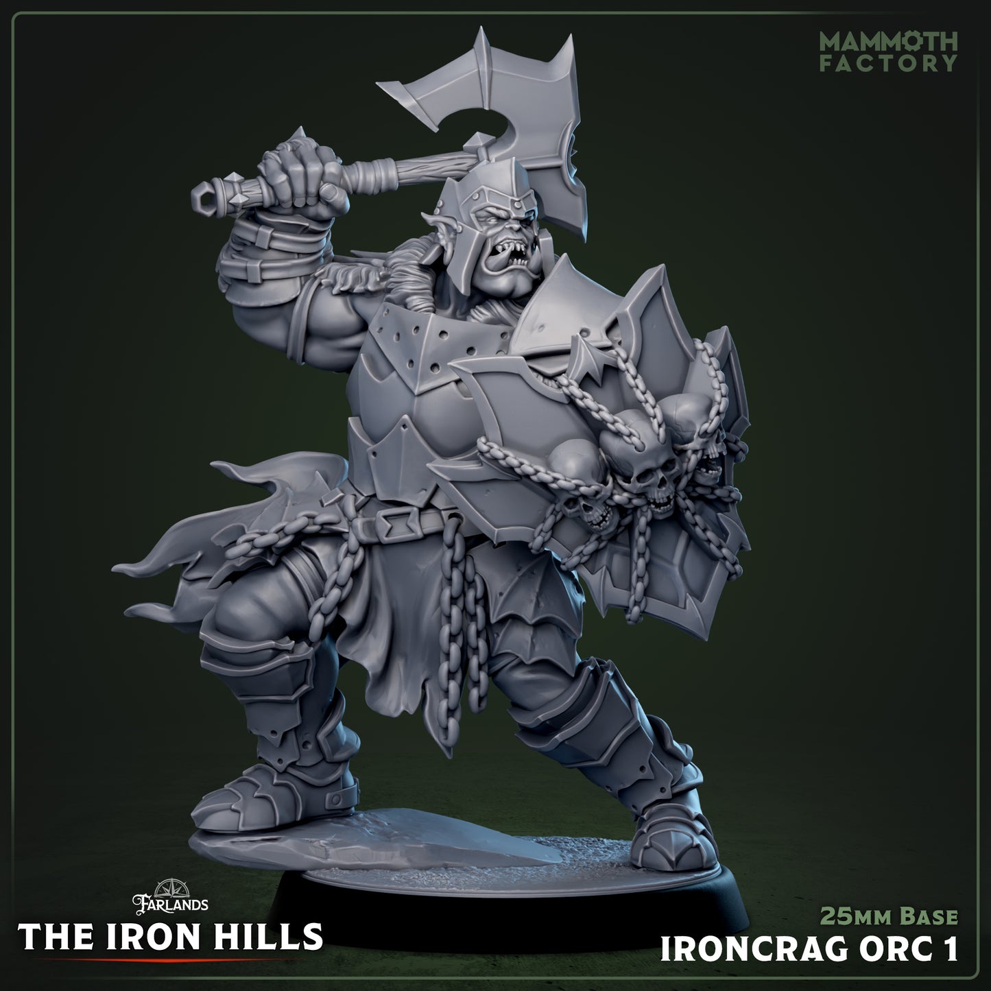 Image shows a 3D render of a orc barbarian gaming miniature.