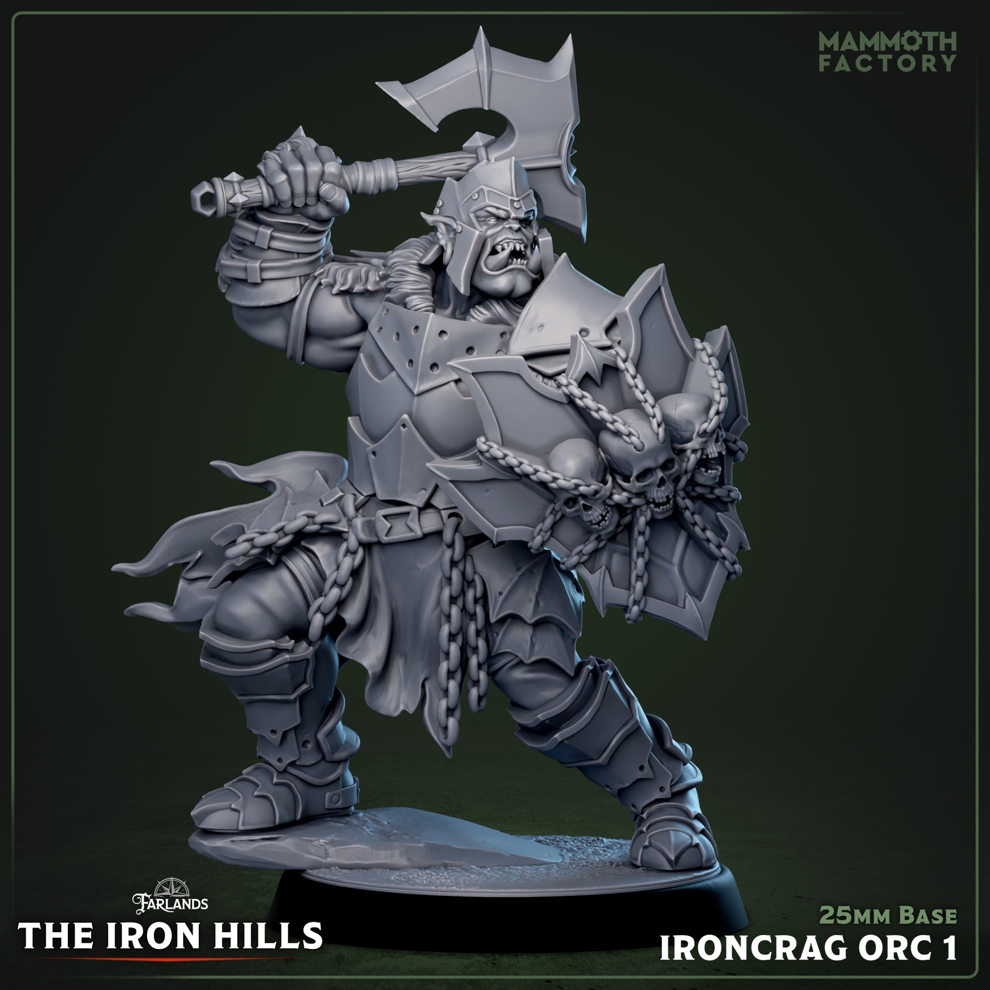 Image shows a 3D render of a orc barbarian gaming miniature.
