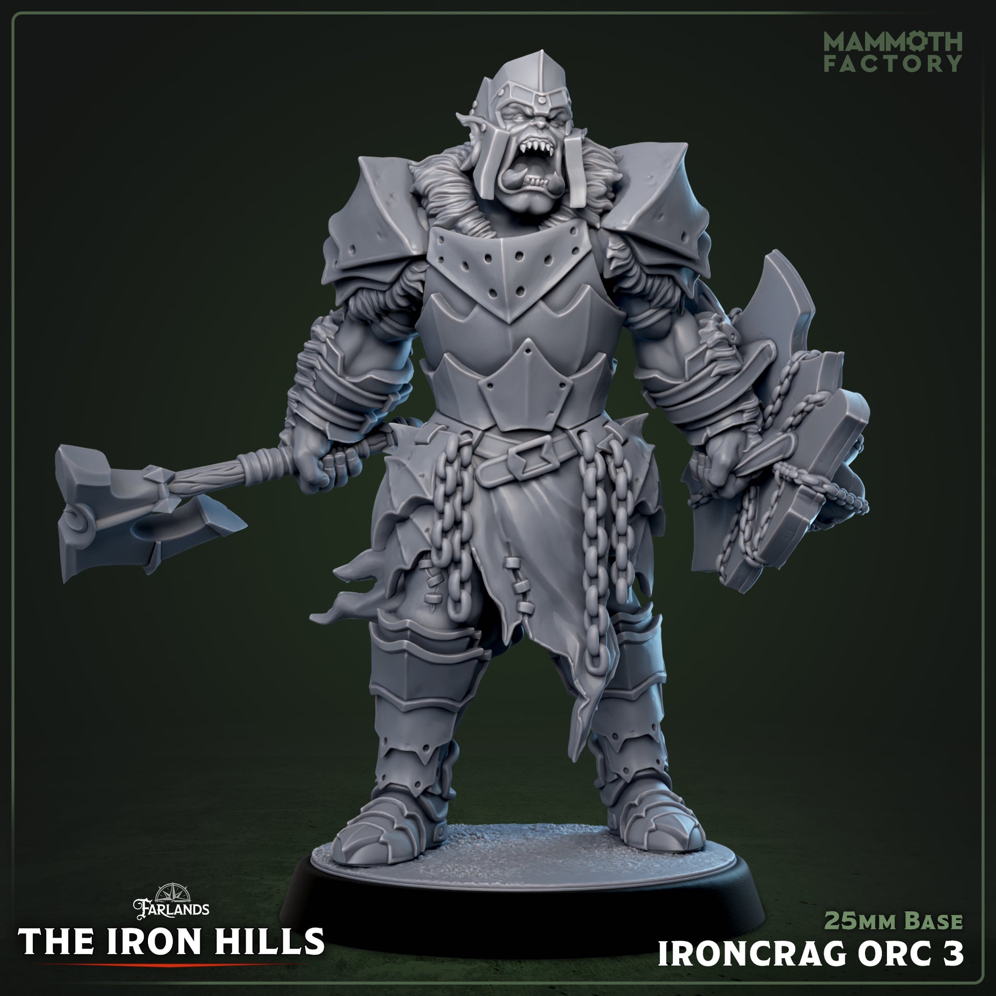 Image shows a 3D render of a orc barbarian gaming miniature.