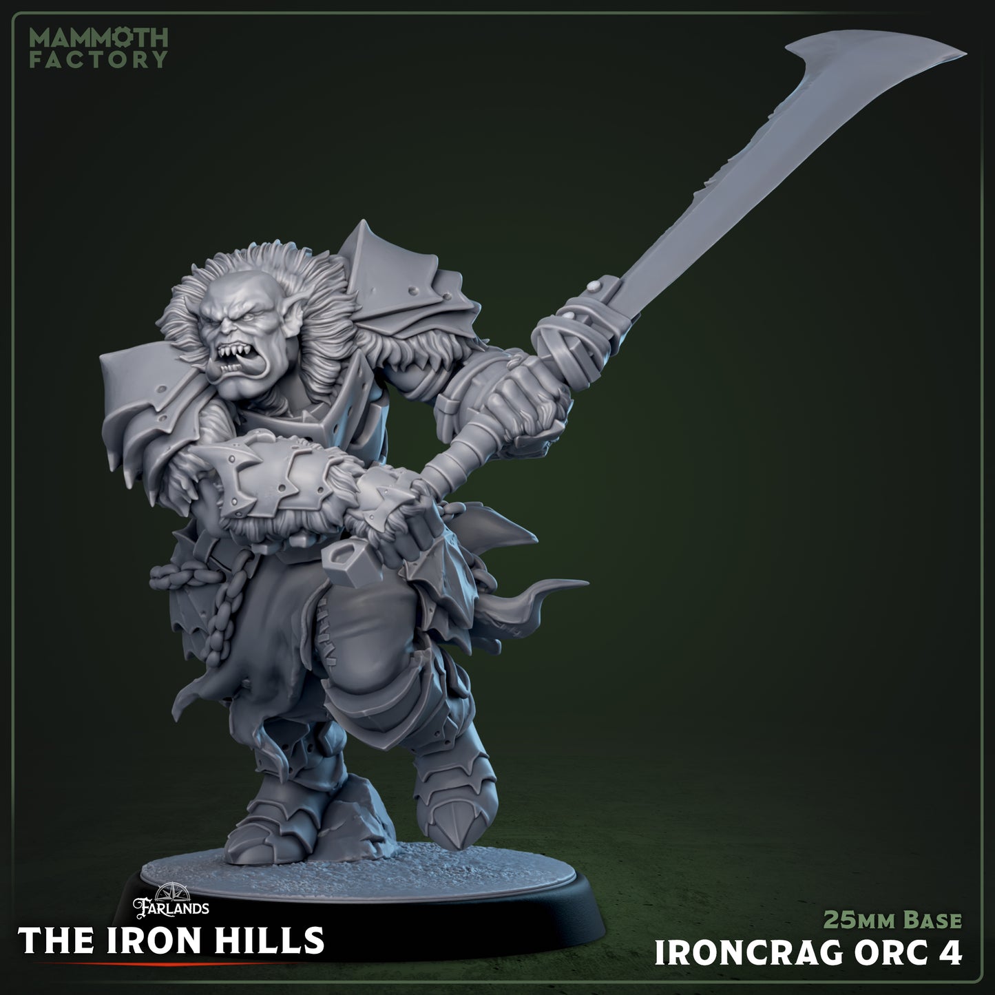 Image shows a 3D render of a orc barbarian gaming miniature.
