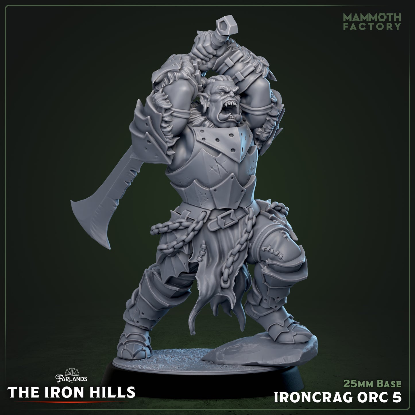 Image shows a 3D render of a orc barbarian gaming miniature.
