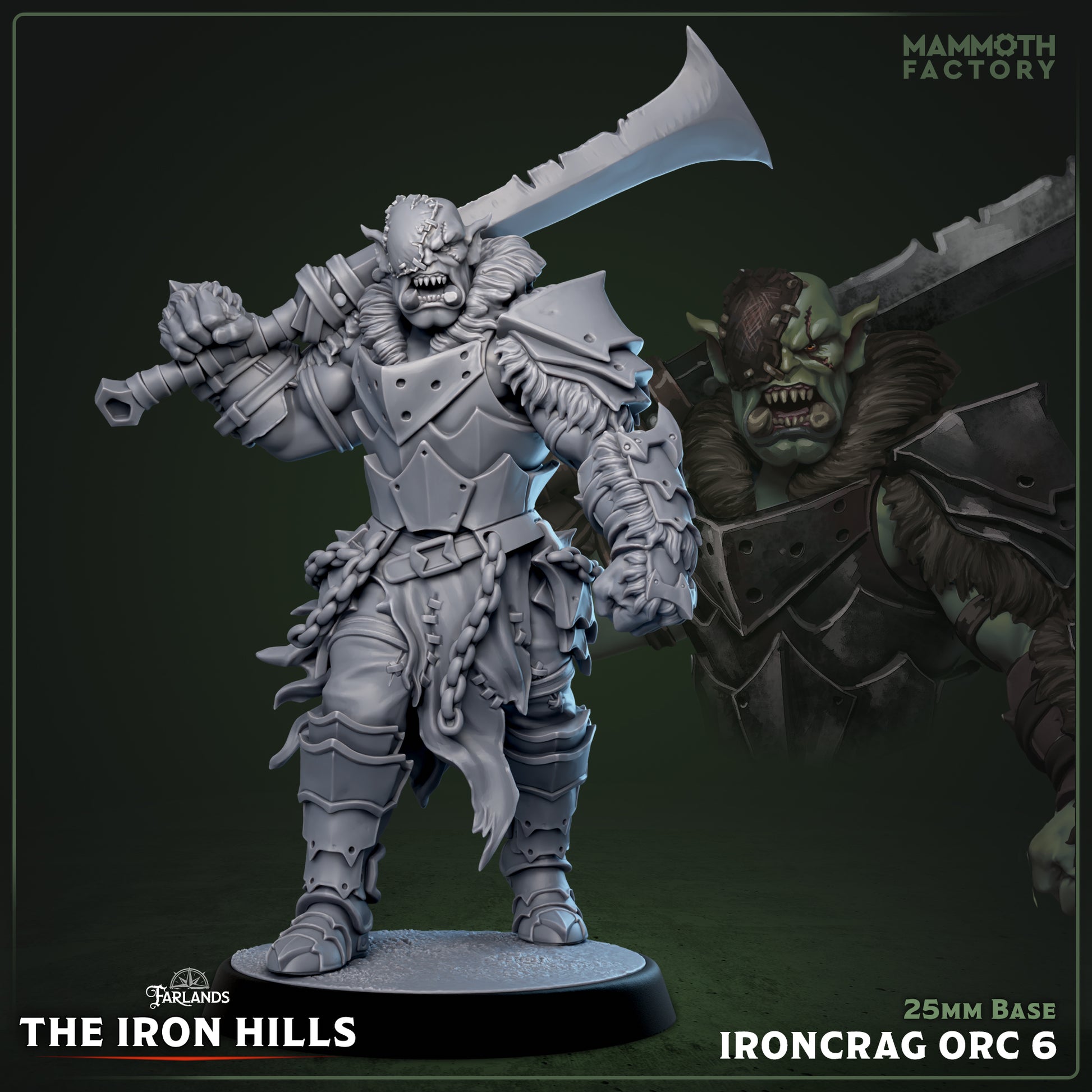 Image shows a 3D render of a orc barbarian gaming miniature.