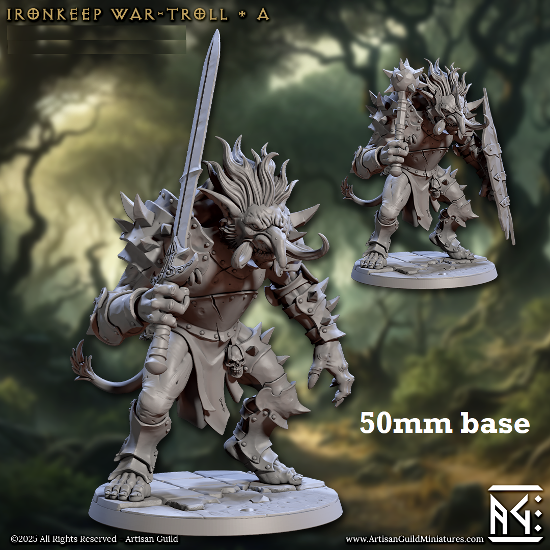 Image shows 3D renders of two sculpt options for a troll warrior gaming miniature.