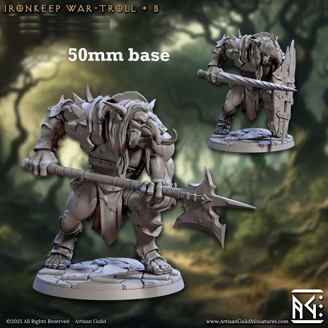 Image shows 3D renders of two sculpt options for a troll warrior gaming miniature.