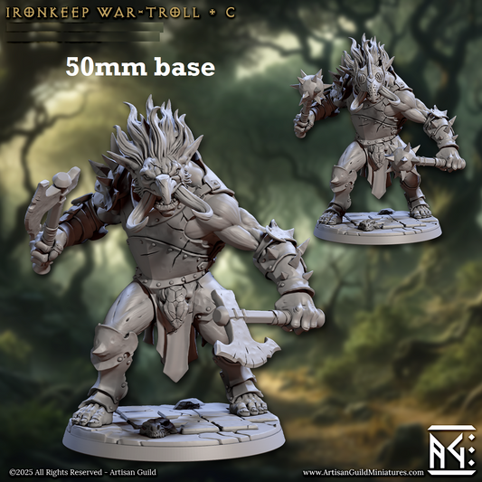 Image shows 3D renders of two sculpt options for a troll warrior gaming miniature.