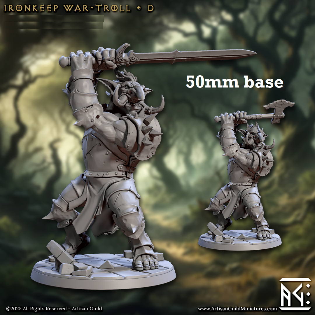 Image shows 3D renders of two sculpt options for a troll warrior gaming miniature.
